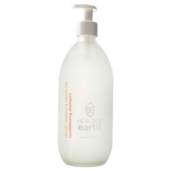 Healing Earth Lemon Verbena and Argan Oil Conditioning Shampoo 500ml in a white frost glass bottle with a pump dispenser. Sold by SR Amenities Hotel and Spa Suppliers.