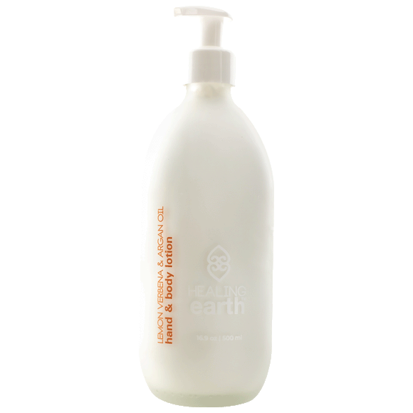 Healing Earth Lemon Verbena and Argan Oil Hand and Body Lotion, 500ml in a frost white glass bottle with a pump dispenser. Sold by SR Amenities Hotel and Spa Suppliers.