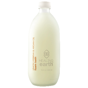 Healing Earth Lemon Verbena and Argan Oil Foam Bath, 500ml in a frost white glass bottle with a twist cap. Sold by SR Amenities Hotel and Spa Suppliers.