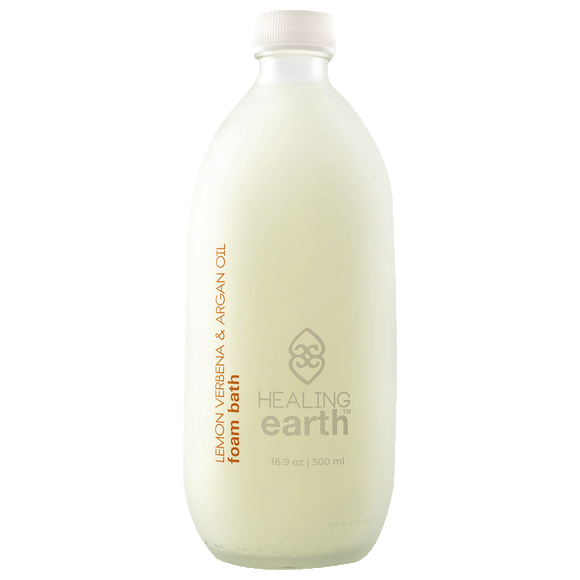 Healing Earth Lemon Verbena and Argan Oil Foam Bath, 500ml in a frost white glass bottle with a twist cap. Sold by SR Amenities Hotel and Spa Suppliers.
