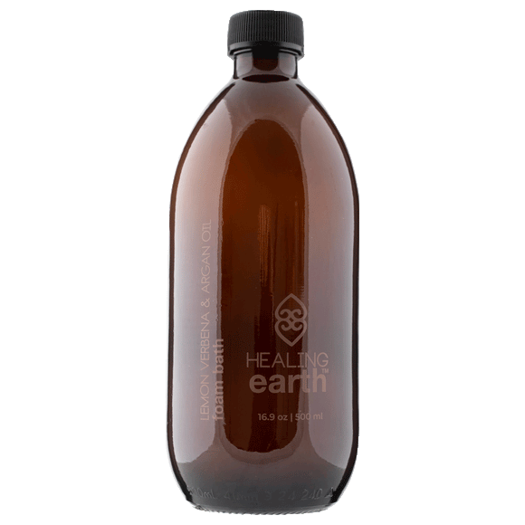 lemn verbena and argan oil foam bath in an amber glass bottle, 500ml, with a twist cap
