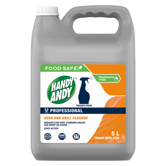 Handy Andy Professional Food Safe Oven and Grill Cleaner 5 Litre is a food safe, fragrance free cleaning agent. Sold by SR Amenities Hotel & Spa Supplies
