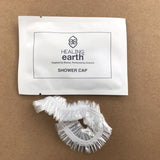 Shower Cap in an eco-friendly 100% biodegradable stone paper sachet. Sold by SR Amenities Hotel and Spa Supplies.