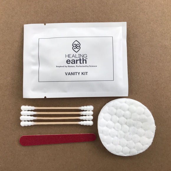Vanity Kit with earbuds, emery board and cotton rounds in an eco-friendly 100% biodegradable stone paper sachet. Sold by SR Amenities Hotel and Spa Supplies.