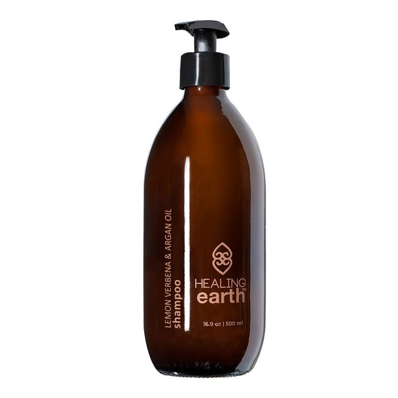 Healing Earth lemon verbena & argan oil shampoo 500ml in amber glass bottle. Sold by SR Amenities Hotel and Spa Supplies.