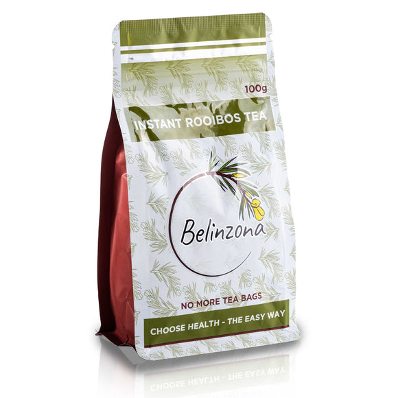 Belinzona Instant Rooibos Tea in laminated foil pouch. Pack size: 100 g. Sold by SR Amenities Hotel and Spa Supplies. www.sramenities.co.za