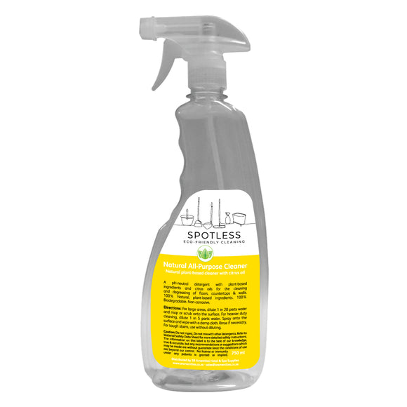 Empty refillable 750ml bottle for Spotless Natural All-Purpose Cleaner. Sold by SR Amenities Hotel and Spa Supplies.