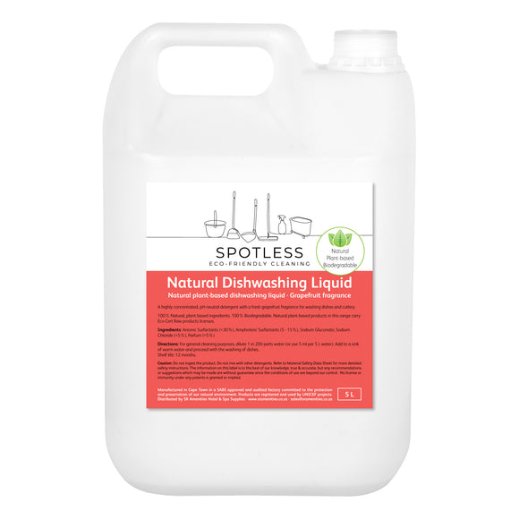 Spotless eco-friendly, biodegradable, natural dishwashing liquid in a 5 litre container. Sold by SR Amenities Hotel and Spa Supplies.