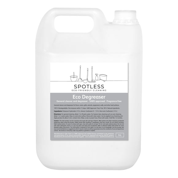 Spotless eco-friendly, biodegradable Eco Grease Go degreaser in a 5 litre container. Sold by SR Amenities Hotel and Spa Supplies.