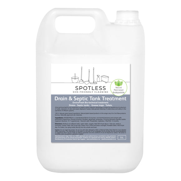 Spotless eco-friendly, biodegradable Bio-Techinical treatment for septic tanks, grease traps & drains. 5 litre container. Sold by SR Amenities Hotel and Spa Supplies.