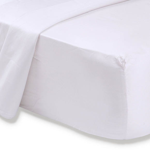 Top quality pure brushed cotton fitted sheet in white. Sold by SR Amenities Hotel and Spa Supplies at www.sramenities.co.za