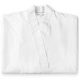 A luxuriously soft and comfortable bathrobe made from 400 thread count Egyptian cotton sateen with satin stitch finish in white. Sold by SR Amenities Hotel and Spa Supplies at www.sramenities.co.za