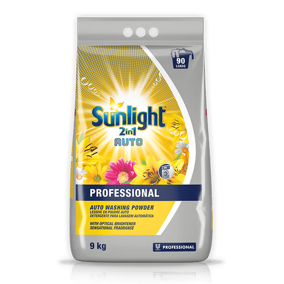 Unilever Sunlight Professional Auto Washing Powder in a 9 kilogram bag. Sold by SR Amenities Hotel and Spa Supplies.