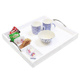 Wooden tea caddy and tray with 6 compartments for the hospitality industry in white. Sold by SR Amenities Hotel and Spa Supplies at www.sramenities.co.za