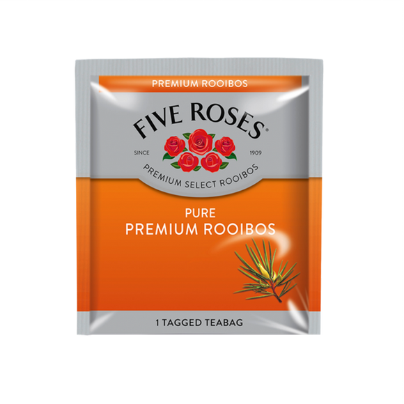 Five Roses Premium Rooibos tagged teabag in a sealed envelope. Pack size: 200 x 2 grams. Sold by SR Amenities Hotel and Spa Supplies. www.sramenities.co.za