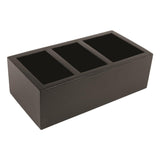 Wooden tea caddy with three separate compartments for the hospitality industry in darkwood. Sold by SR Amenities Hotel and Spa Supplies at www.sramenities.co.za