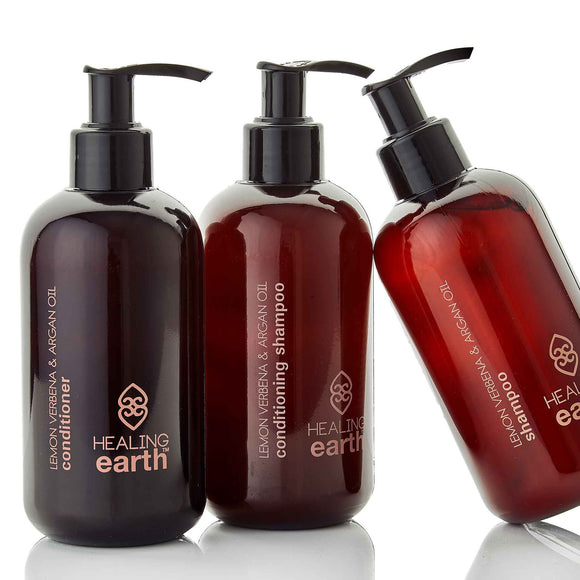 Healing Earth Lemon Verbena & Argan Oil aromatherapy style bathroom amenities for hotels and spas. Shop at www.sramenities.co.za