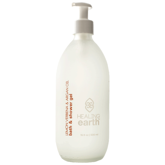 Healing Earth Lemon Verbena and Argan Oil Bath and Shower Gel 500ml in a frost white glass bottle with pump dispenser. Sold by SR Amenities Hotel and Spa Suppliers.