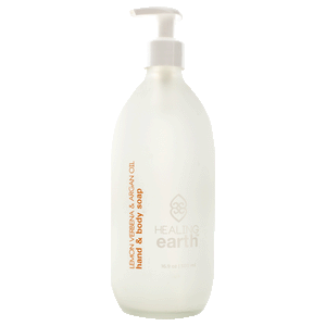Healing Earth Lemon Verbena and Argan Oil Hand and Body Soap, 500ml in a frost white glass bottle with a pump dispenser. Sold by SR Amenities Hotel and Spa Suppliers.