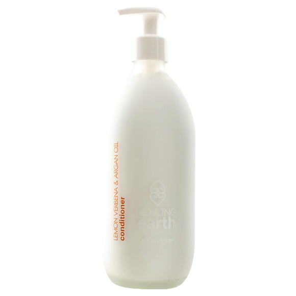 lemon verbena and argan oil conditioner 500m in a white frosted glass bottle with a pump action