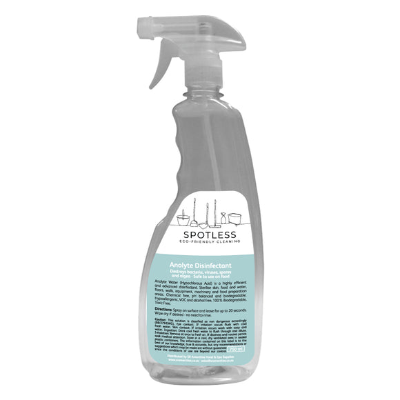 Empty 750ml refill bottle with trigger spray for Anolyte Disinfectant. Sold by SR Amenities Hotel and Spa Supplies.