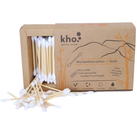 Zero-Plastic cotton bamboo earbuds in a biodegradable paper box. Sold by SR Amenities Hotel and Spa Supplies.