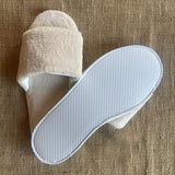 Stone fleece open toe slipper with EVA non-slip sole. 
