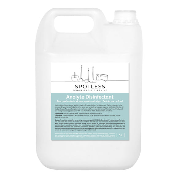 Anolyte Water (Hypochlorous Acid) is a highly efficient and advanced disinfectant. The key ingredient is the compound Hypochlorous Acid which is the same acid our body generates in response to infection. Sterilise skin, food and water, floors, walls, equipment, machinery and food preparation areas. 5L in container sold by SR Amenities.