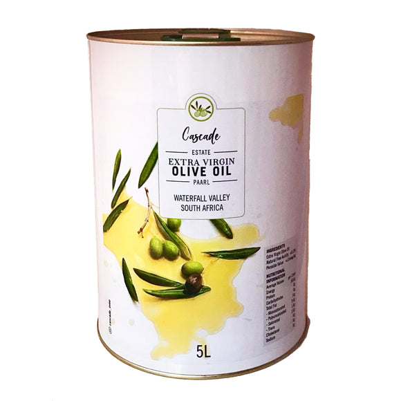 Cascade Estate Extra Virgin Olive Oil 5L white cylindrical tin with pop up spout. Sold by SR Amenities.co.za