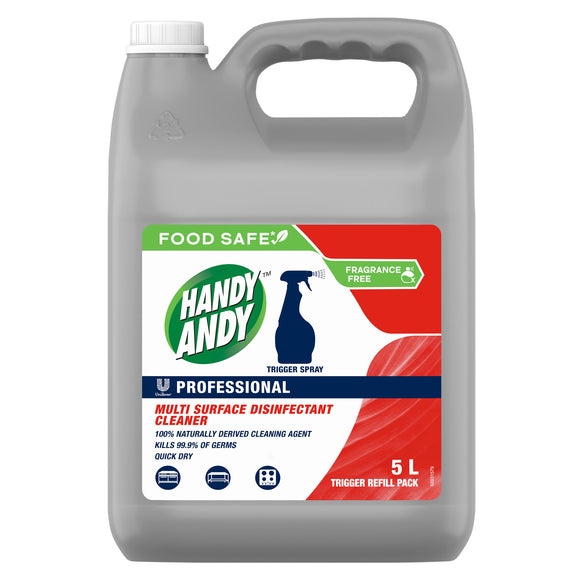 Handy Andy Professional Food Safe Multi-Surface Disinfectant Cleaner - 5 Litre Fragrance free. Sold by SR Amenities Hotel & Spa Supplies.
