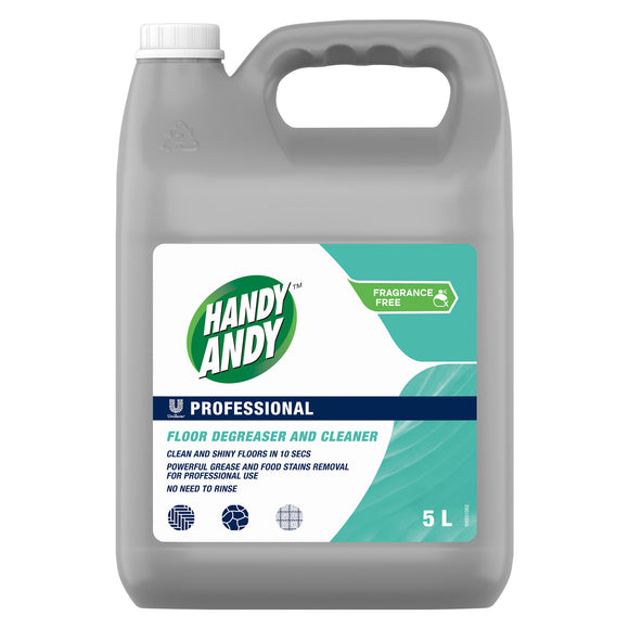 Handy Andy Professional Food Safe Floor Degreaser and Cleaner 5 Litre, Fragrance free. Sold by SR Amenities Hotel & Spa Supplies.