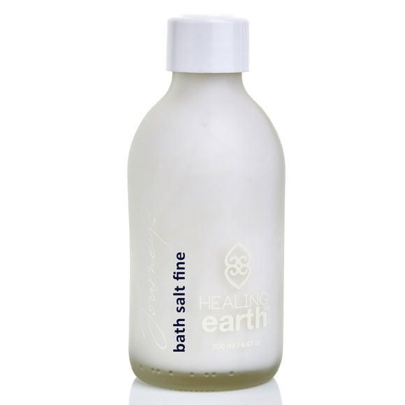 Healing Earth Journeys Bath Salts Fine in White Glass 200ml Bottle. Shop at www.sramenities.co.za