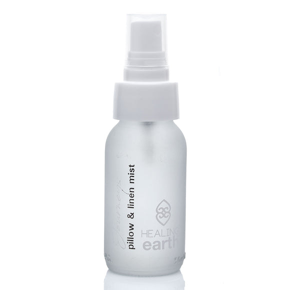 healing journeys pillow and linen mist spray 50ml in a white frosted glass bottle