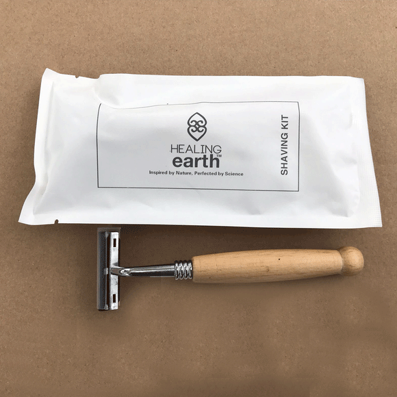 Guest bamboo handle razor in an easily recyclable 100% stone paper sachet. Sold by SR Amenities Hotel and Spa Supplies.