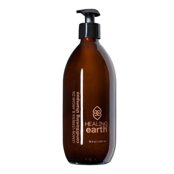 Healing Earth lemon verbena & argan oil conditioning shampoo in a 500ml in amber glass bottle. Sold by SR Amenities Hotel and Spa Supplies.