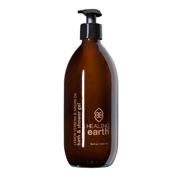 Healing Earth lemon verbena & argan oil bath & shower gel in a 500ml in amber glass bottle. Sold by SR Amenities Hotel and Spa Supplies.
