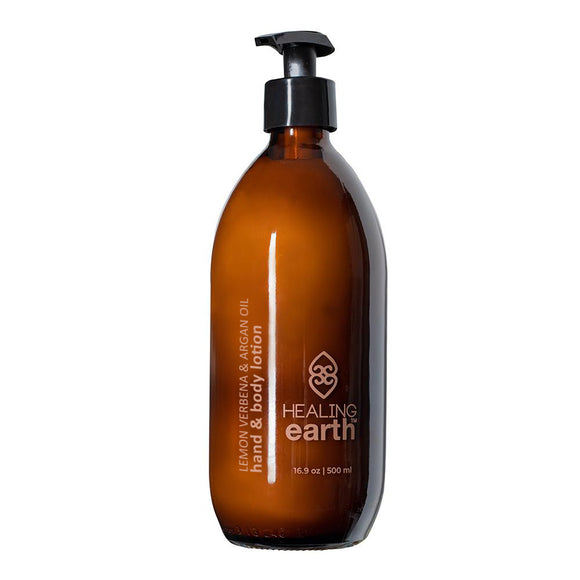 Healing Earth lemon verbena & argan oil hand & body lotion in a 500ml in amber glass bottle. Sold by SR Amenities Hotel and Spa Supplies.