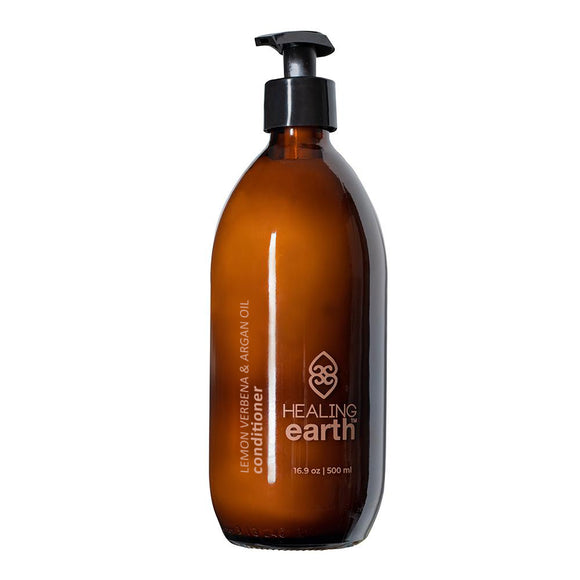 Healing Earth lemon verbena & argan oil conditioner in a 500ml in amber glass bottle. Sold by SR Amenities Hotel and Spa Supplies.
