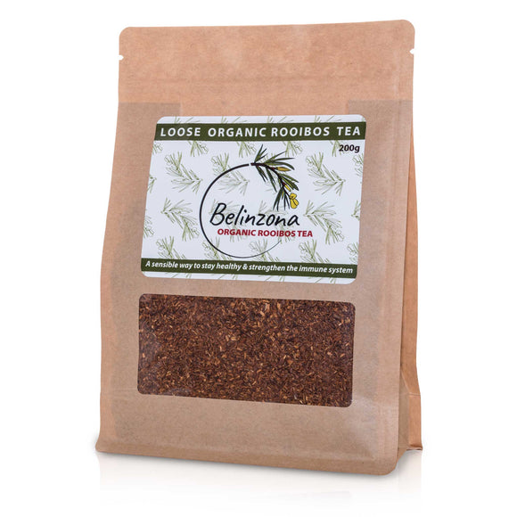 Belinzona Loose Organic Rooibos Tea in re-sealable brown paper bag. Pack size: 200 g. Sold by SR Amenities Hotel and Spa Supplies. www.sramenities.co.za