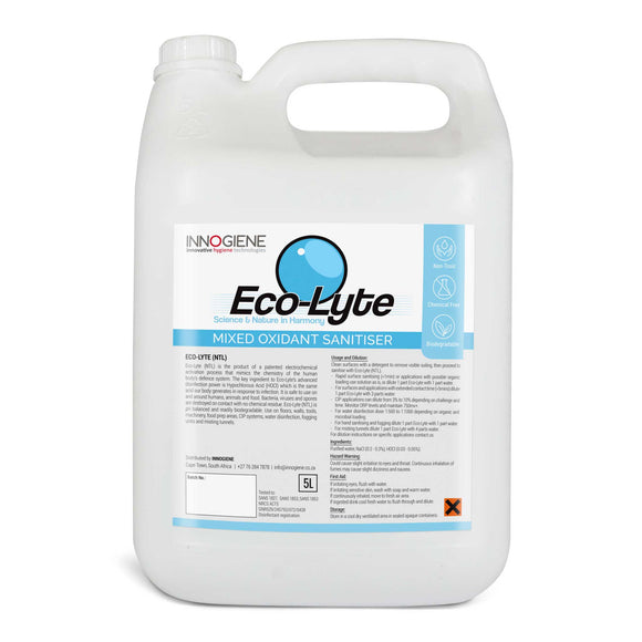 ECO-LYTE NTL in a 5 litre container. Non-toxic, chemical free, biodegradable disinfectant. Buy at www.sramenities.co.za.