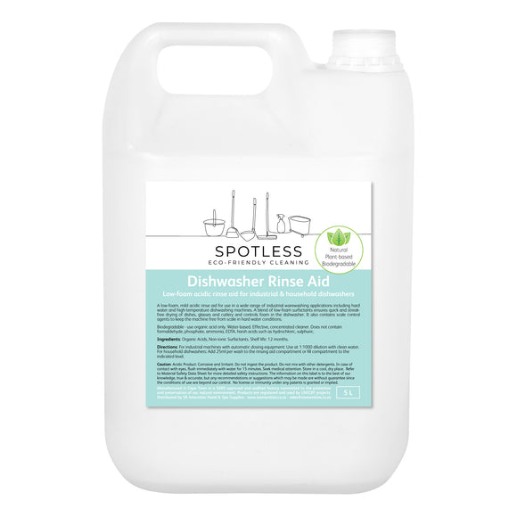 Spotless eco-friendly, biodegradable Autowash Dishwasher Rinsing Liquid in a 5 litre container. Sold by SR Amenities Hotel and Spa Supplies.