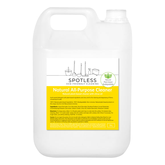 Spotless eco-friendly, biodegradable, natural all purpose cleaner in a 5 litre container. Sold by SR Amenities Hotel and Spa Supplies.