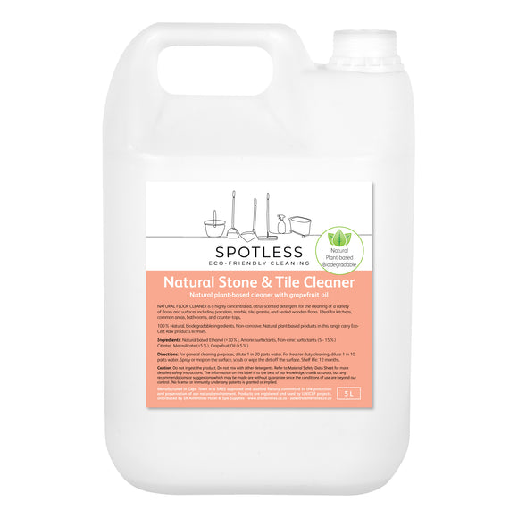 Spotless eco-friendly, biodegradable, natural stone and tile cleaner in a 5 litre container. Sold by SR Amenities Hotel and Spa Supplies.