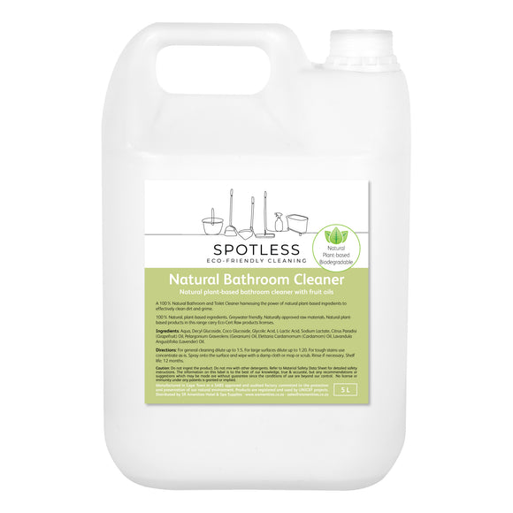 Spotless eco-friendly, biodegradable natural bathroom cleaner in a 5 litre container. Sold by SR Amenities Hotel and Spa Supplies.