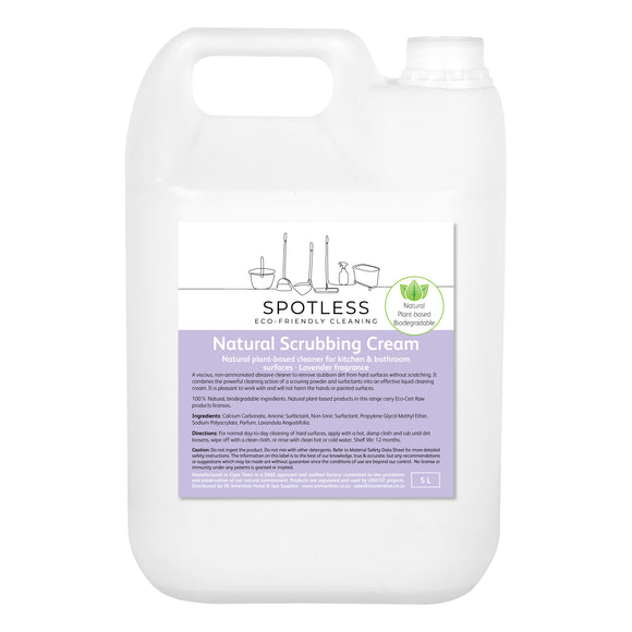 Spotless eco-friendly, biodegradable natural Lavender scrubbing cream in a 5 litre container. Sold by SR Amenities Hotel and Spa Supplies.