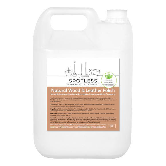 Spotless eco-friendly, biodegradable Natural Wood and Leather Polish and Food Liquid in a 5 litre container. Sold by SR Amenities Hotel and Spa Supplies.