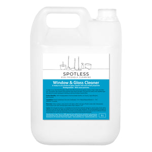 Spotless eco-friendly, biodegradable Window & Glass Cleaner in a 5 litre container. Sold by SR Amenities Hotel and Spa Supplies.