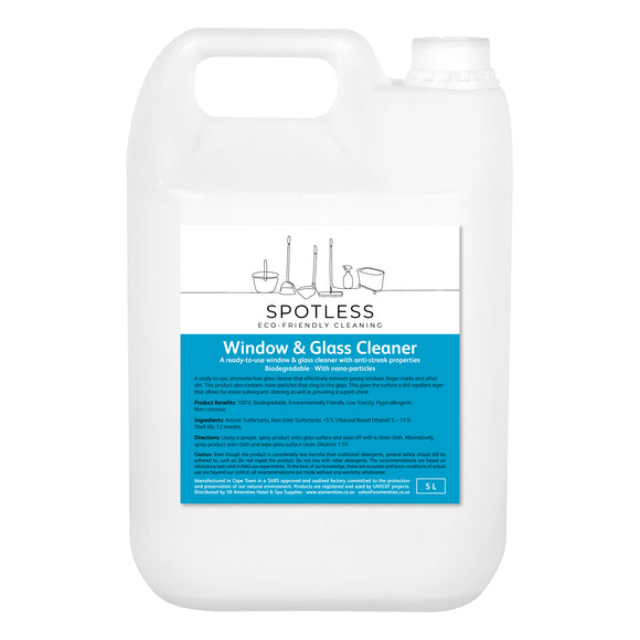 Spotless eco-friendly, biodegradable Window & Glass Cleaner in a 5 litre container. Sold by SR Amenities Hotel and Spa Supplies.