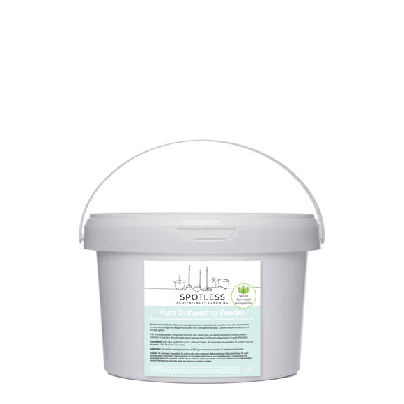 Spotless eco-friendly, biodegradable Auto Dishwasher Powder in a 5 kg container. Sold by SR Amenities Hotel and Spa Supplies.