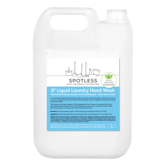 Spotless eco-friendly, biodegradable Oxygen Power Laundry Hand Wash Liquid in a 5 L container. Sold by SR Amenities Hotel and Spa Supplies.